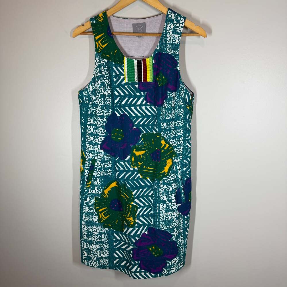 Anthropologie Vanessa Virginia Teal Floral Sleeveless Shift Dress Size 10